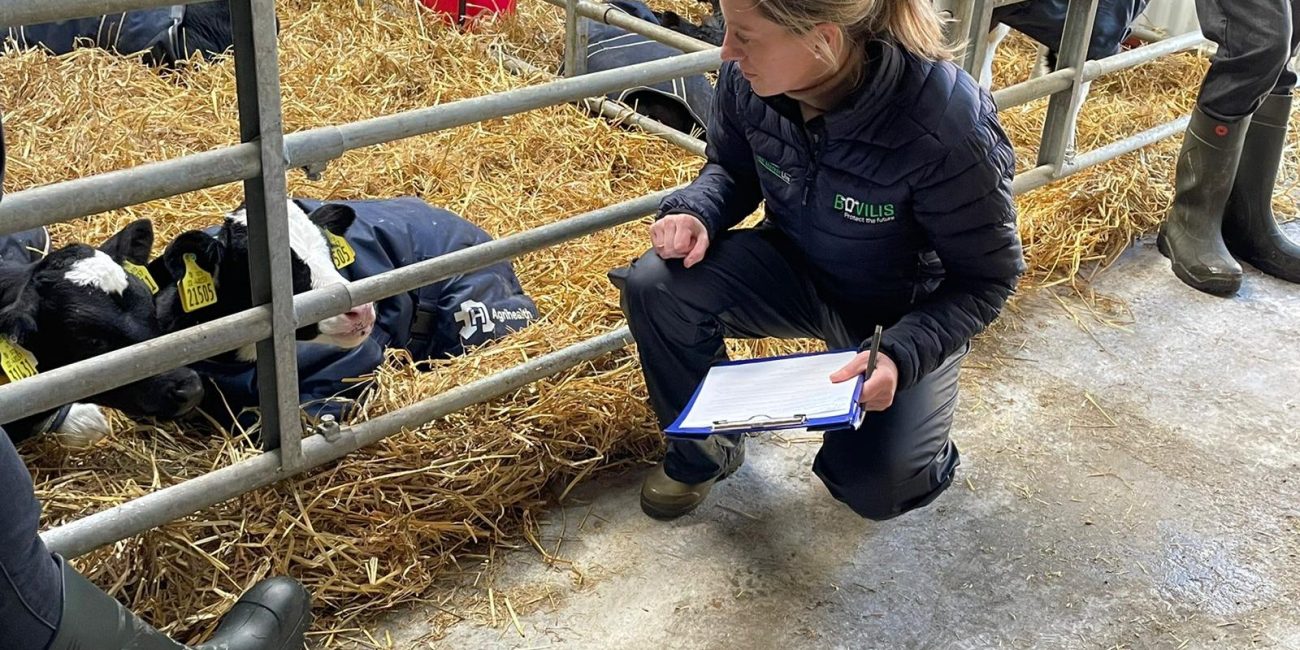 a person holding a clipboard next to a goat lying on hay